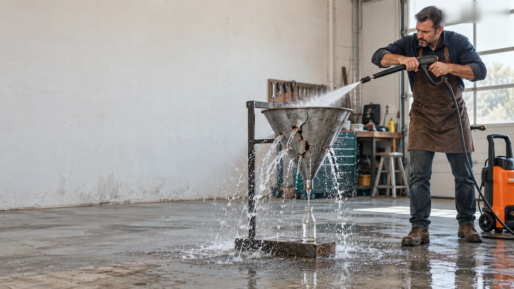 A business owner forces more water into a cracked funnel while almost nothing reaches the bottle below.